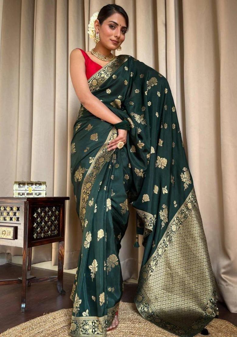 Green Woven Jacquard Saree Set - Indya