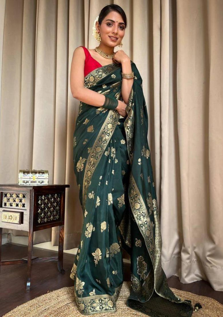 Green Woven Jacquard Saree Set - Indya