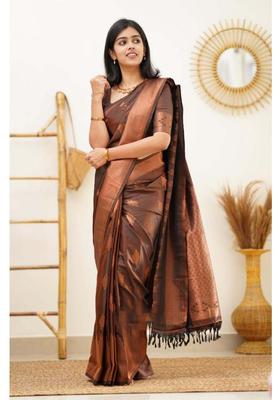 Brown Woven Silk Blend Saree Set