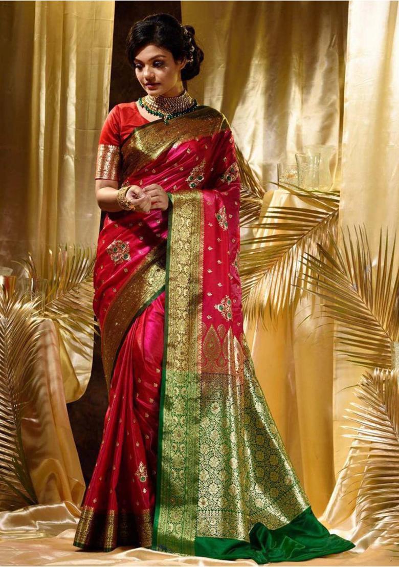Pink Woven Jacquard Saree Set - Indya