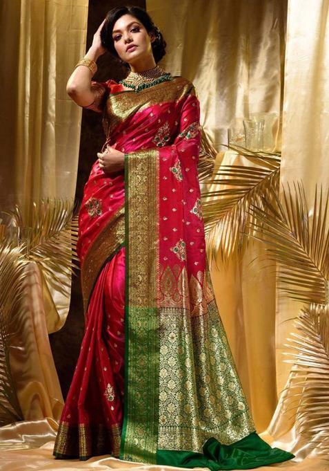 Pink Woven Jacquard Saree Set