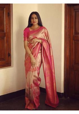 Pink Woven Jacquard Saree Set