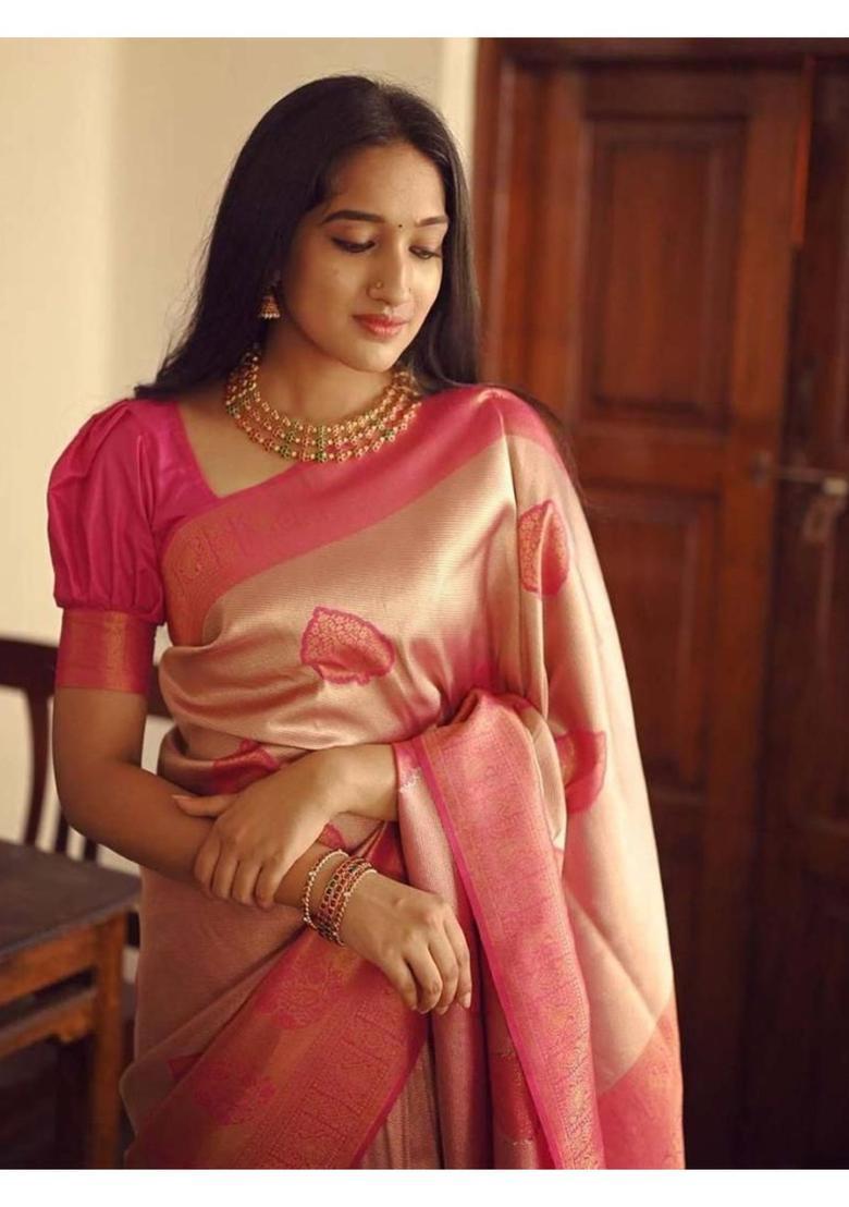 Pink Woven Jacquard Saree Set - Indya
