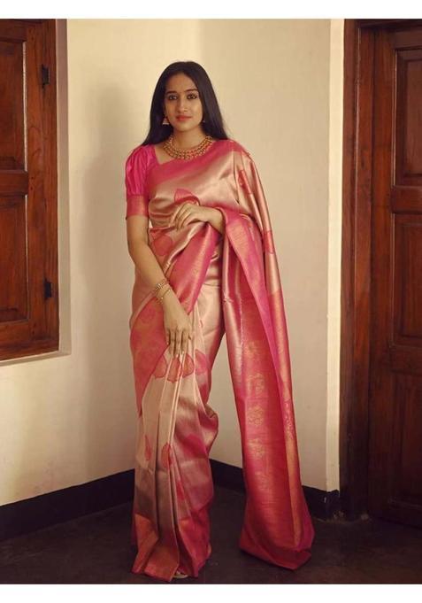 Pink Woven Jacquard Saree Set
