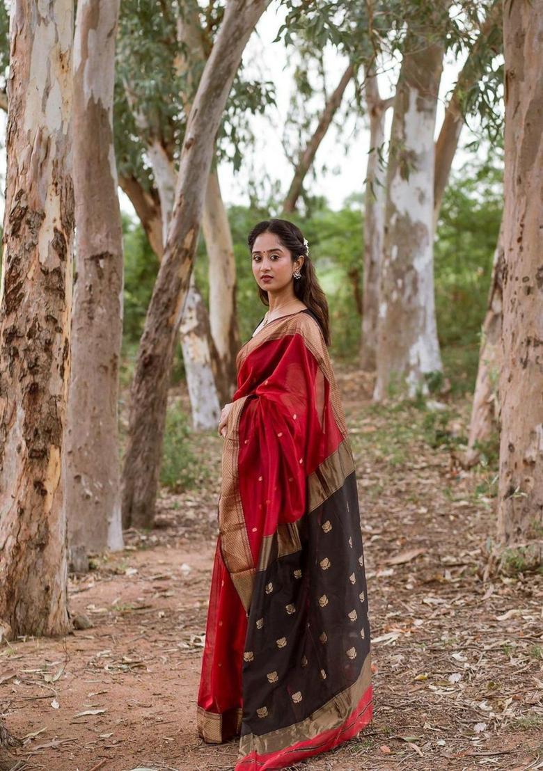 Maroon Printed Jacquard Saree Set - Indya