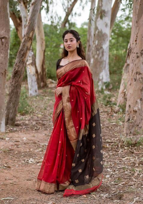 Maroon Printed Jacquard Saree Set
