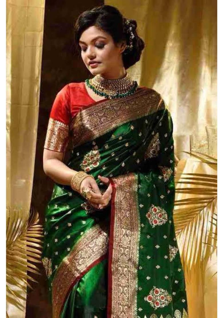 Green Woven Jacquard Saree Set - Indya