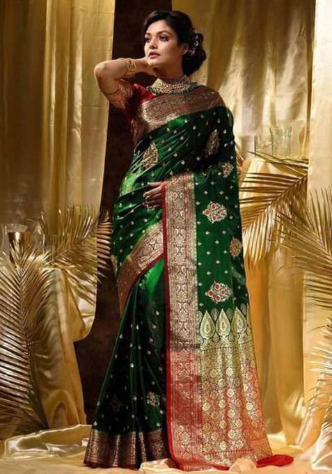 Green Woven Jacquard Saree Set