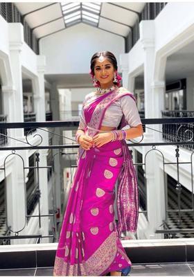 Pink Woven Jacquard Saree Set