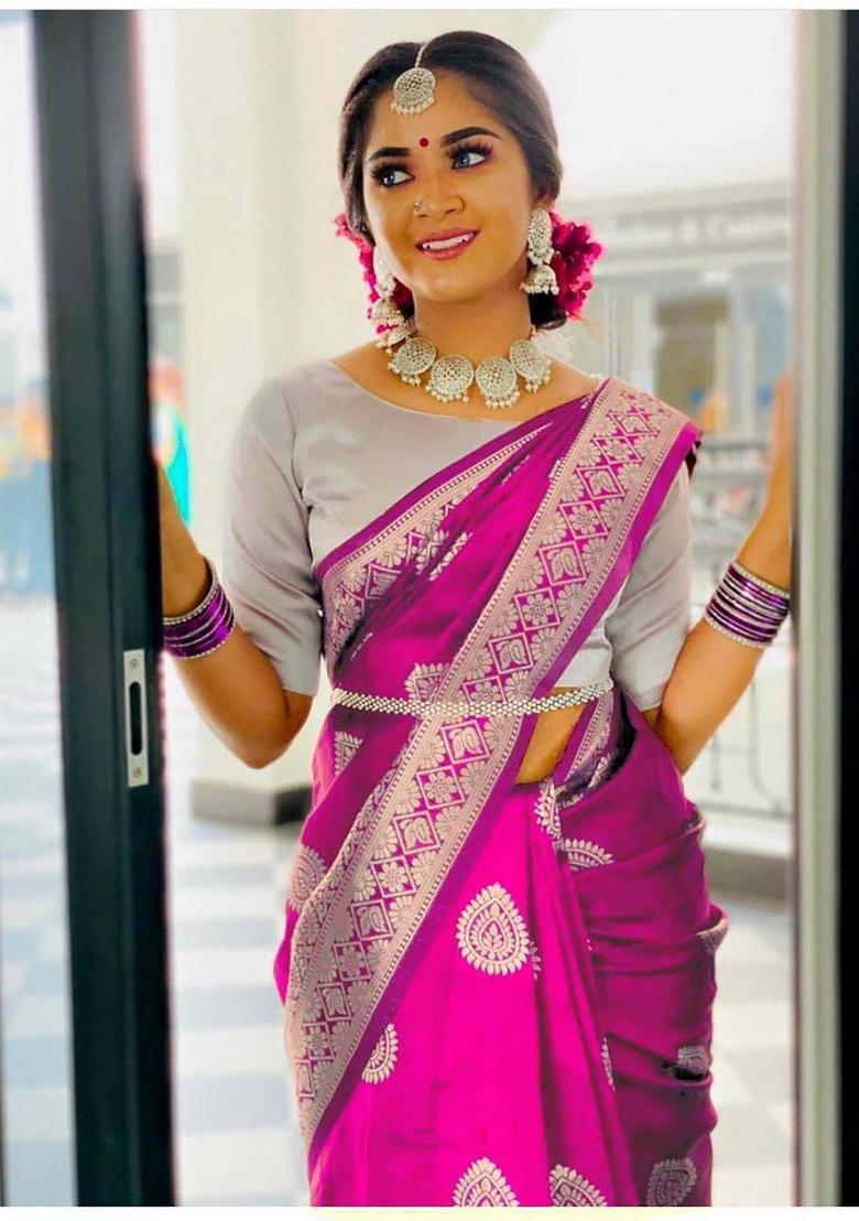 Pink Woven Jacquard Saree Set - Indya