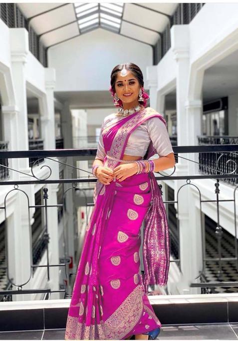 Pink Woven Jacquard Saree Set