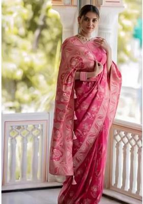 Pink Woven Jacquard Saree Set