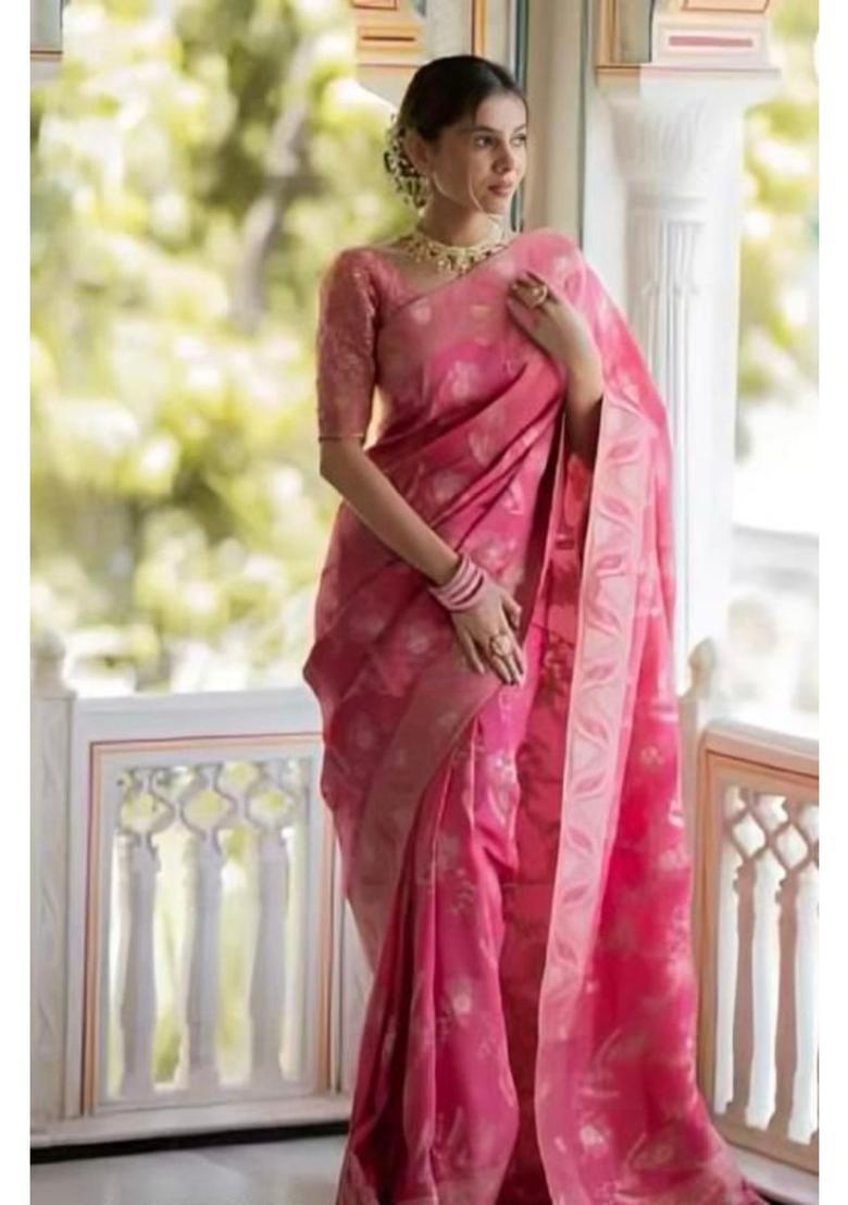 Pink Woven Jacquard Saree Set - Indya