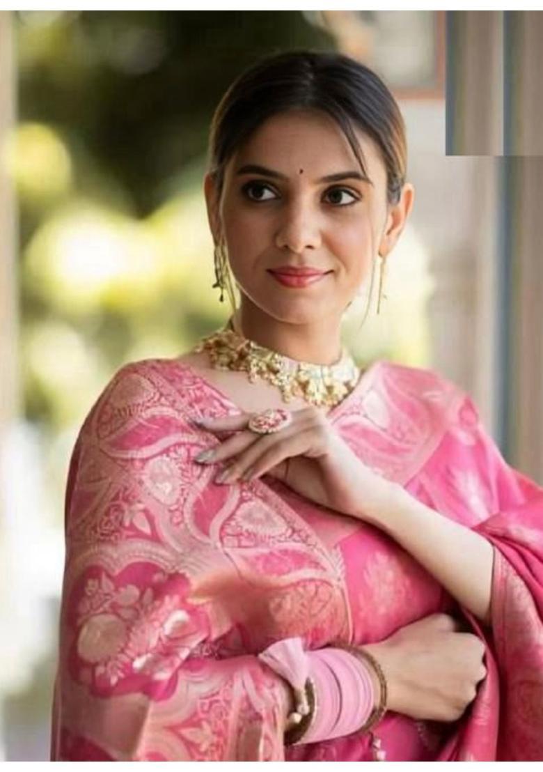 Pink Woven Jacquard Saree Set - Indya
