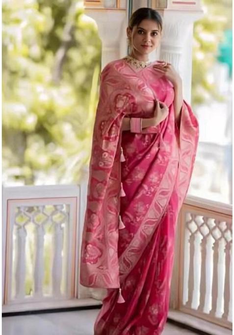Pink Woven Jacquard Saree Set