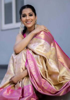 Cream Woven Silk Blend Saree Set