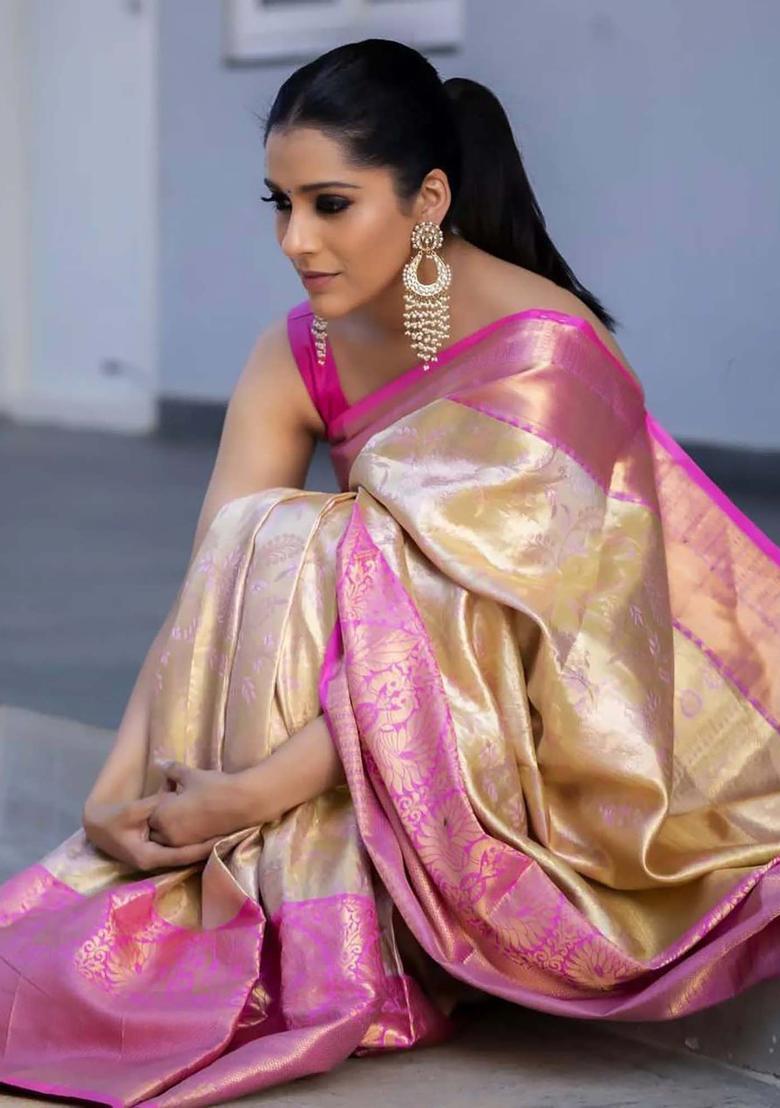 Cream Woven Silk Blend Saree Set - Indya