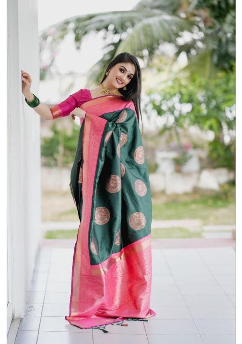 Green Woven Jacquard Saree Set - Indya