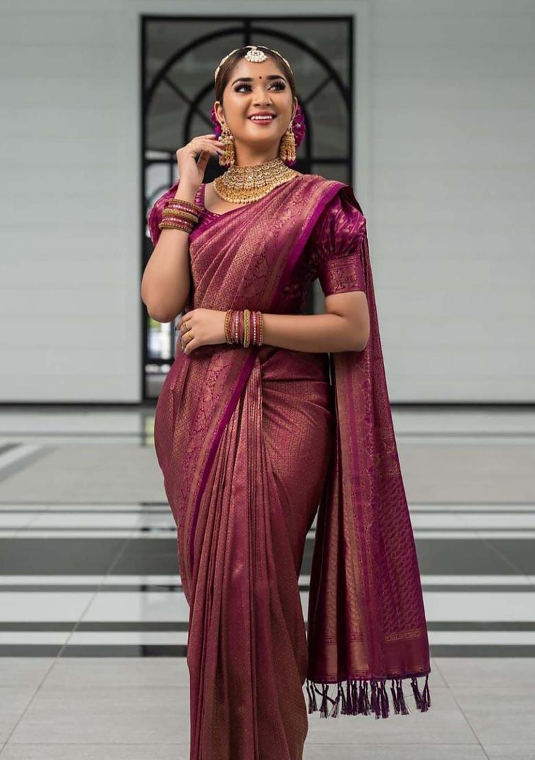 Burgundy Woven Silk Blend Saree Set - Indya