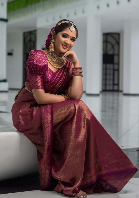 Burgundy Woven Silk Saree Set