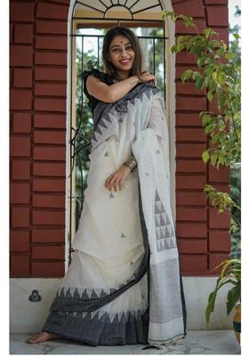 White Woven Silk Blend Saree Set