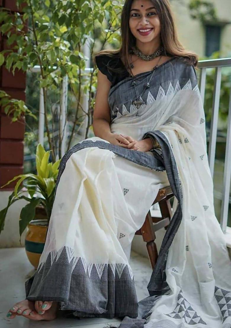 White Woven Silk Blend Saree Set - Indya