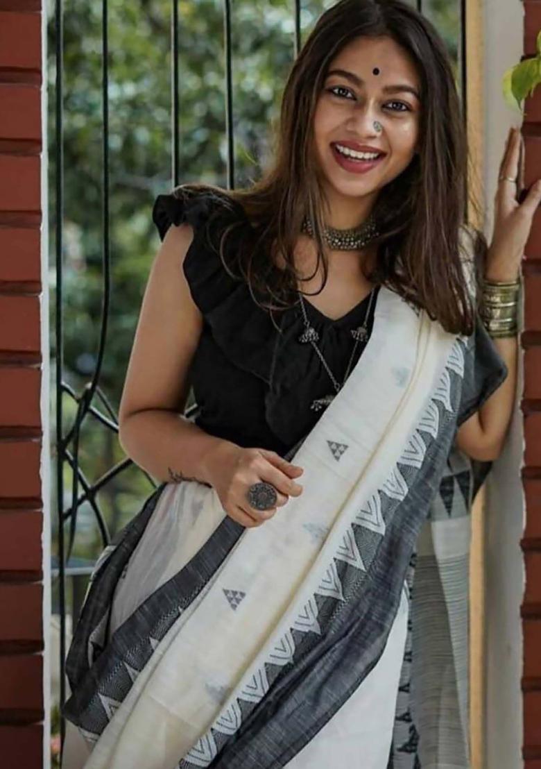 White Woven Silk Blend Saree Set - Indya