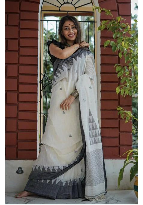 White Woven Silk Blend Saree Set