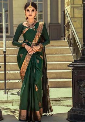 Green Woven Silk Blend Saree Set