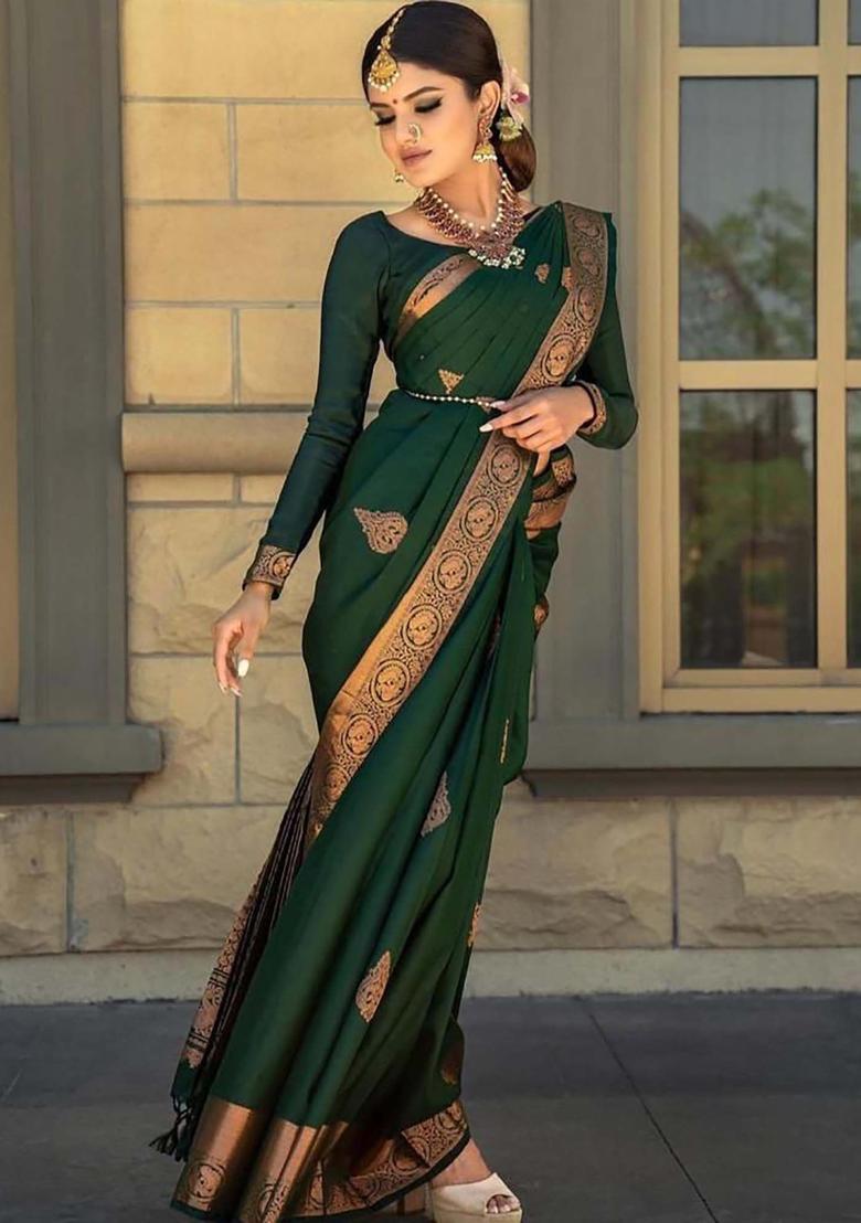 Green Woven Silk Blend Saree Set - Indya