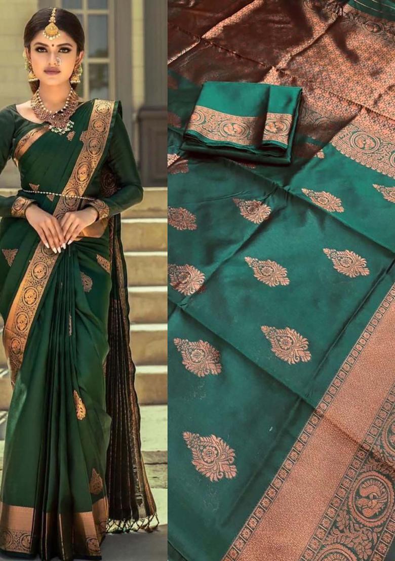 Green Woven Silk Blend Saree Set - Indya