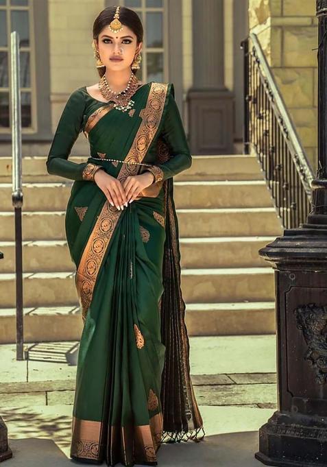 Green Woven Silk Blend Saree Set