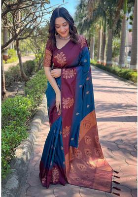 Navy Blue Woven Jacquard Saree Set