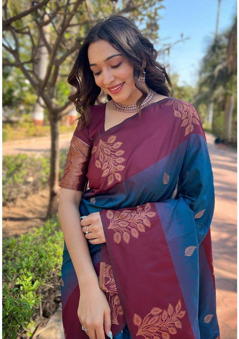 Navy Blue Woven Jacquard Saree Set - Indya