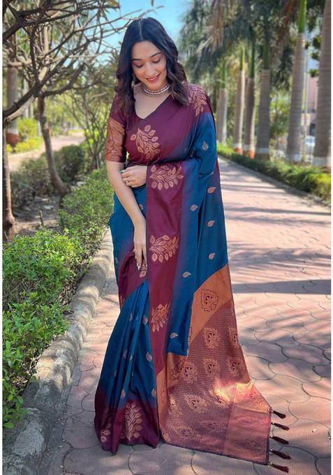 Navy Blue Woven Jacquard Saree Set