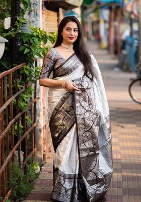 White Woven Jacquard Saree Set