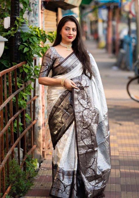 White Woven Jacquard Saree Set