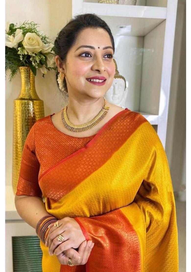 Yellow Woven Silk Blend Saree Set - Indya
