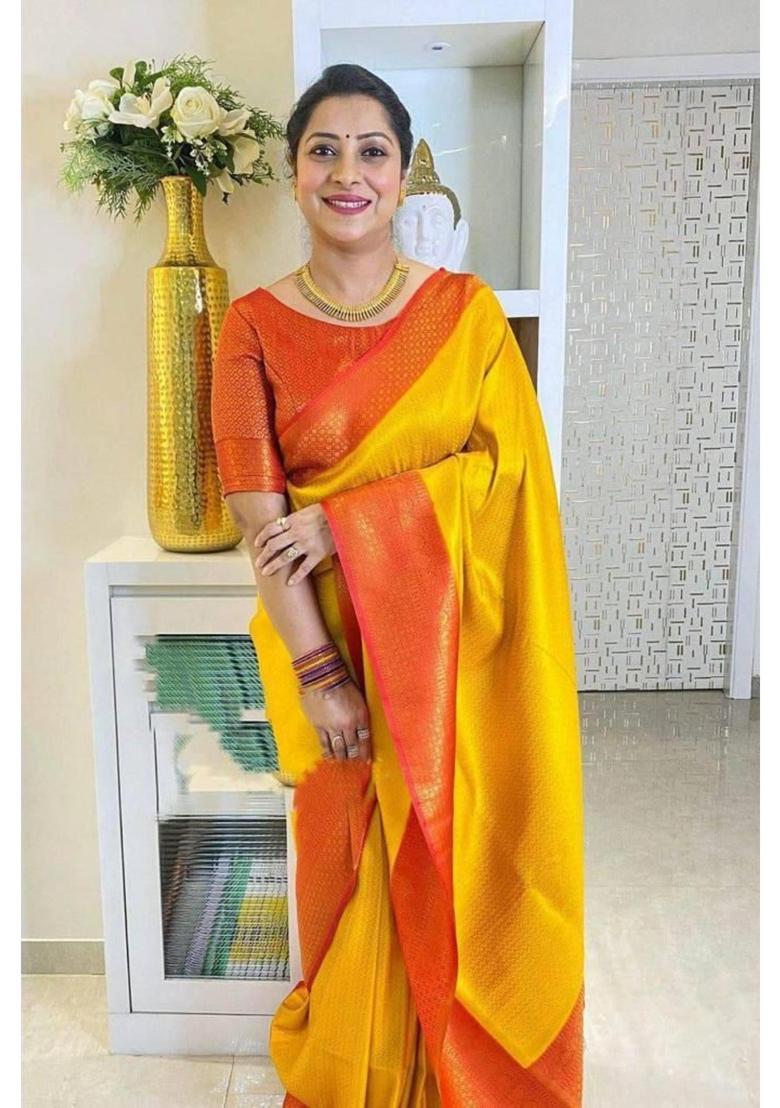 Yellow Woven Silk Blend Saree Set - Indya