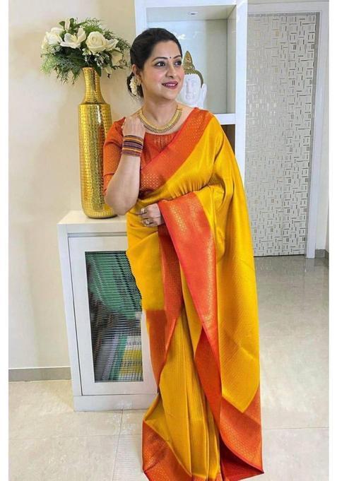 Yellow Woven Silk Blend Saree Set