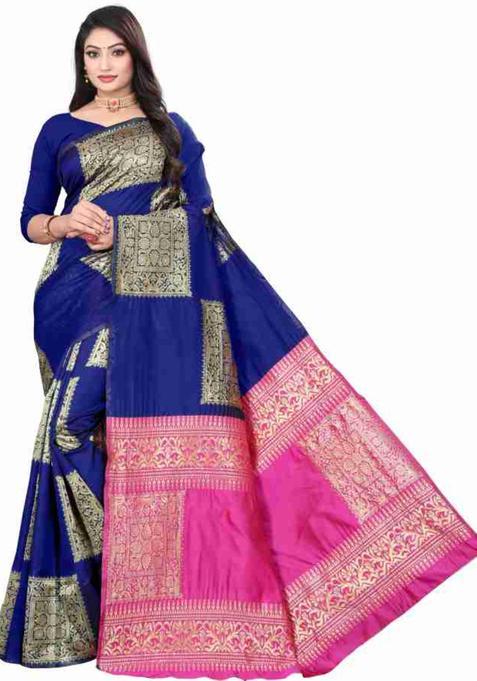 Blue Colorblock Silk Blend Saree Set