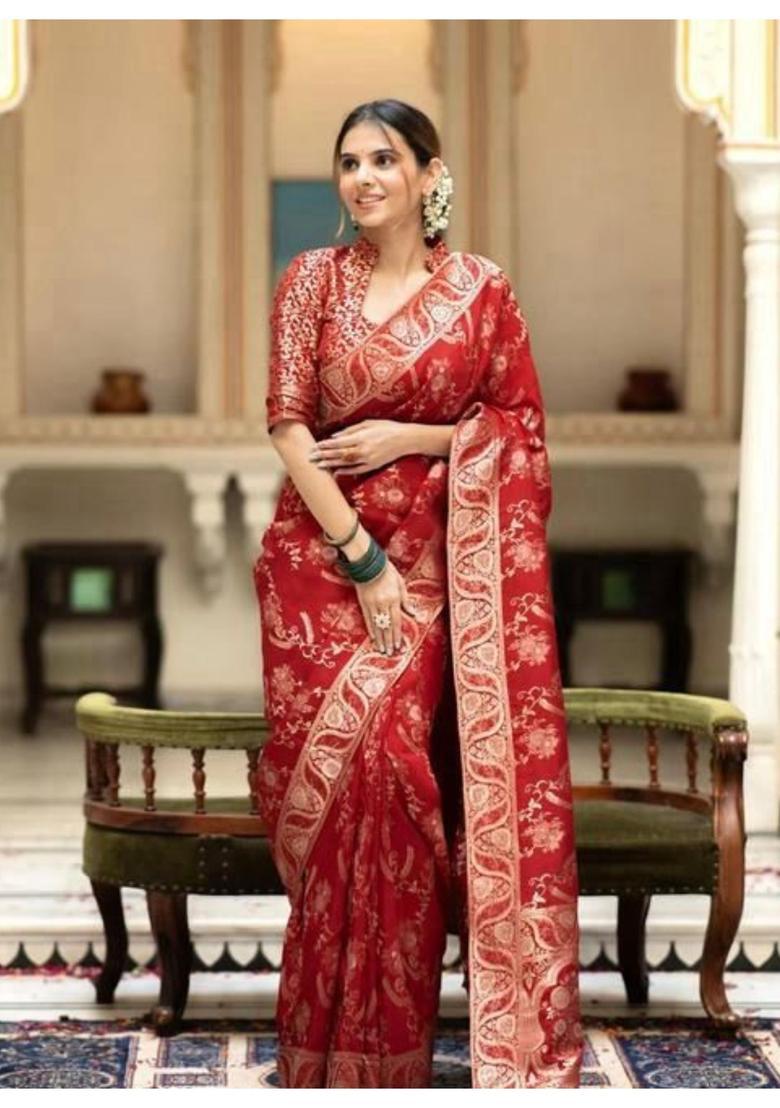 Red Printed Jacquard Saree Set - Indya
