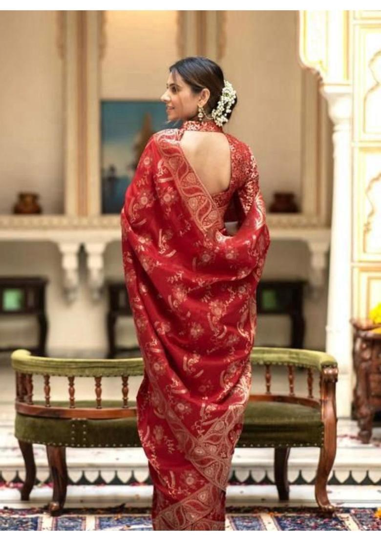 Red Printed Jacquard Saree Set - Indya