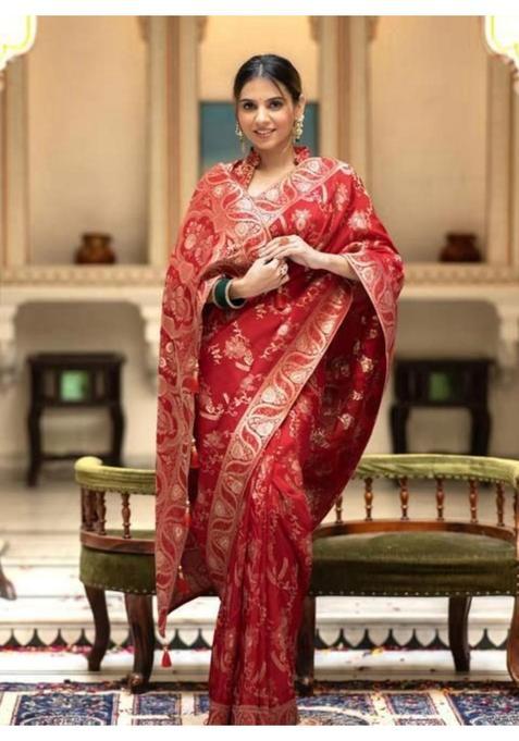 Red Printed Jacquard Saree Set