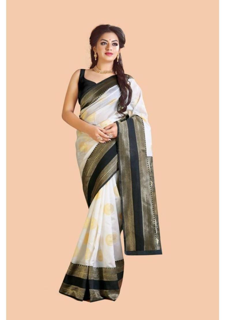 Off White Printed Jacquard Saree Set - Indya