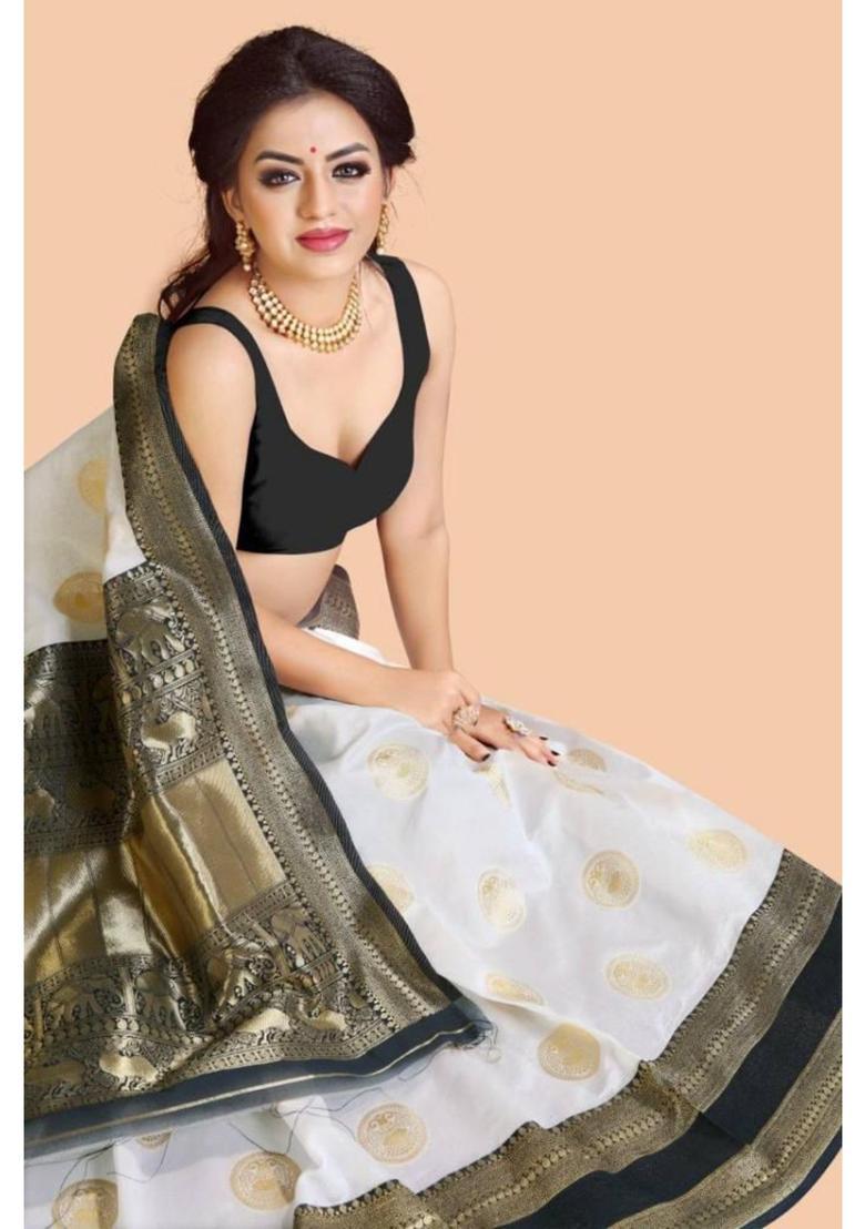 Off White Printed Jacquard Saree Set - Indya