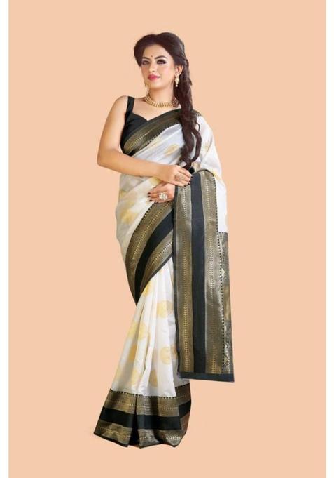 Off White Printed Jacquard Saree Set