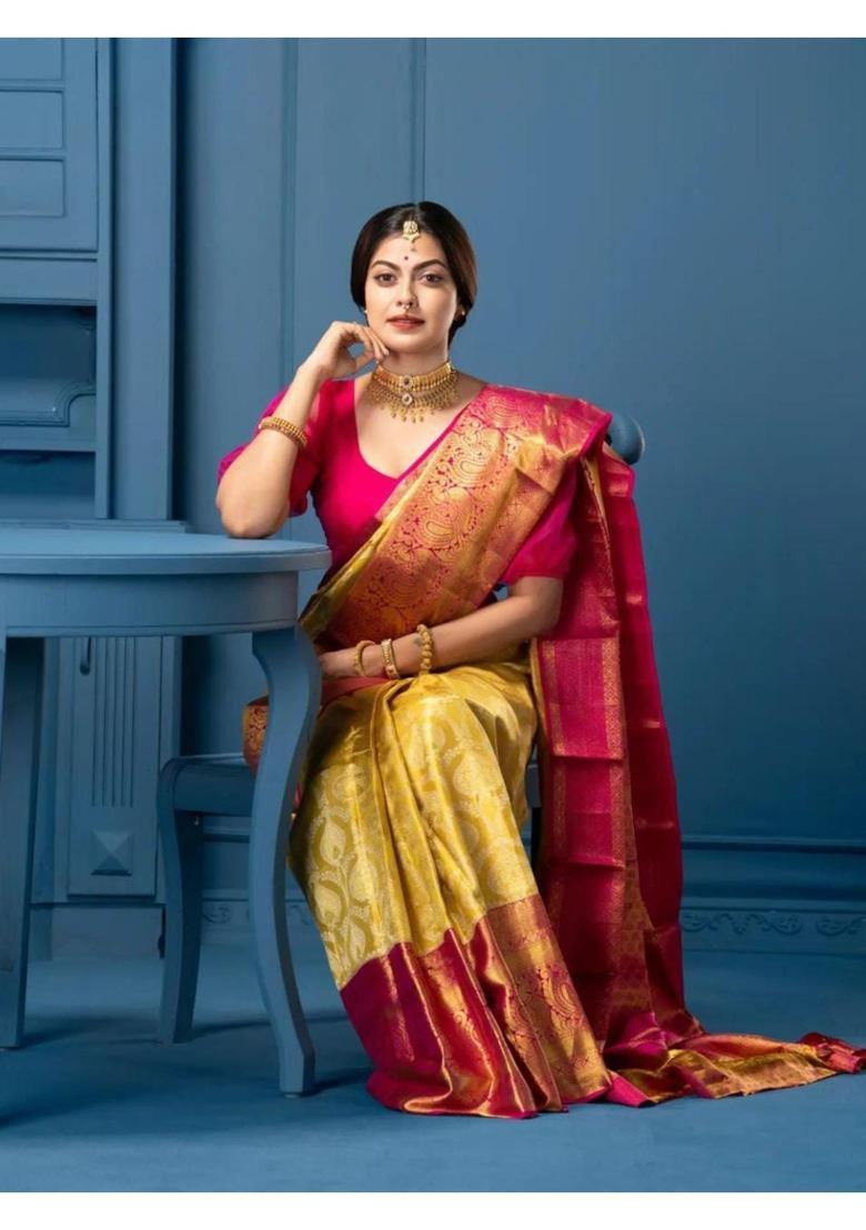 Mustard Printed Jacquard Saree Set - Indya
