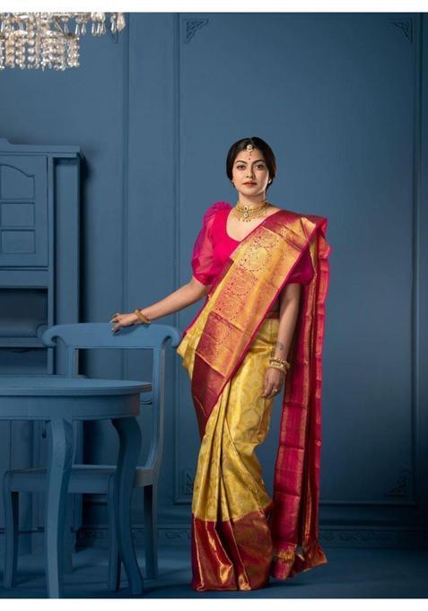 Mustard Printed Jacquard Saree Set