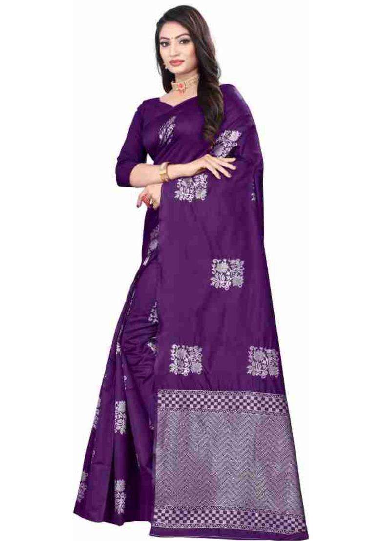 Purple Woven Silk Blend Saree Set for Diwali and Festive Wear - Indya